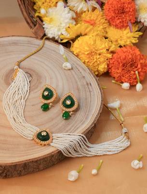White Pearl Choker Set with Green Drop Pendant 2
