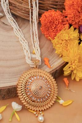 Traditional White Pearl Necklace Set with Gold Plated-Plated Sunflower Pendant 1
