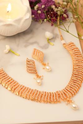 Gold-Plated White Pearl Choker Necklace Set 1