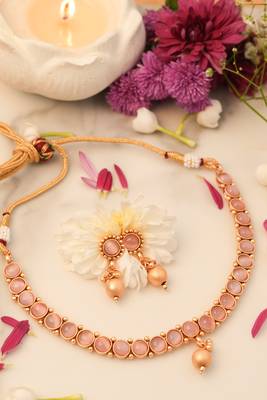 Pink Stone Studded Gold Plated Necklace Set 1