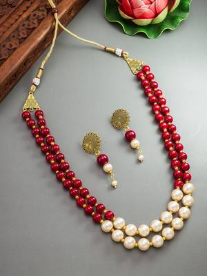 Red Beaded 2-layer Long Necklace Set 2