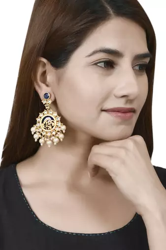 traditional blue gold filigree kundan  & pearl  drop earrings