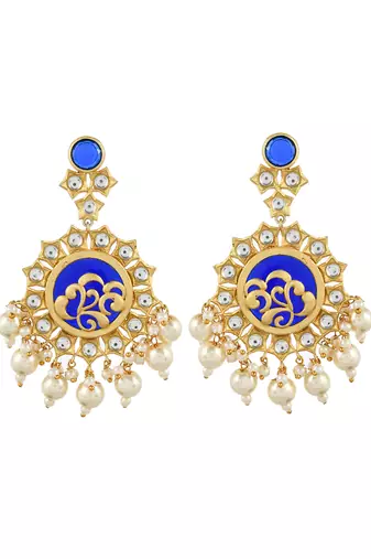traditional blue gold filigree kundan  & pearl  drop earrings