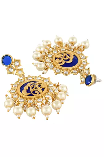 traditional blue gold filigree kundan  & pearl  drop earrings