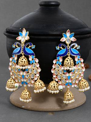 Gold plated traditional blue minakari kundan & pearls jhumka earrings 1