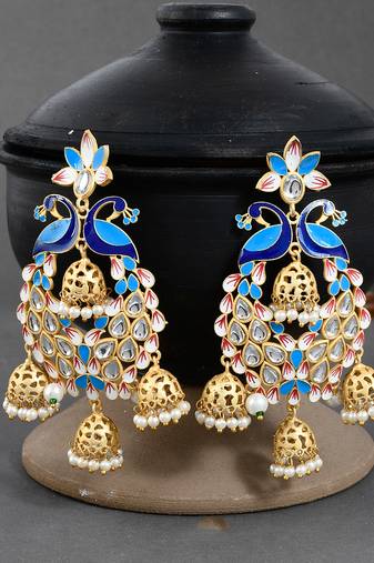 Gold plated traditional blue minakari kundan & pearls jhumka earrings