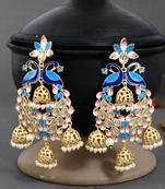 Gold plated traditional blue minakari kundan & pearls jhumka earrings