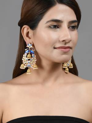 Gold plated traditional blue minakari kundan & pearls jhumka earrings 2
