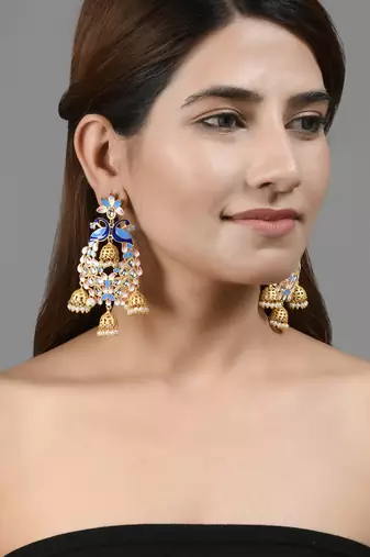 Gold plated traditional blue minakari kundan & pearls jhumka earrings
