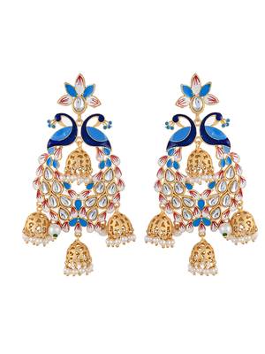 Gold plated traditional blue minakari kundan & pearls jhumka earrings 3
