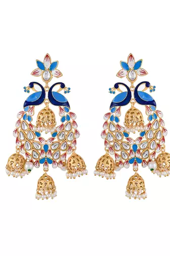 Gold plated traditional blue minakari kundan & pearls jhumka earrings