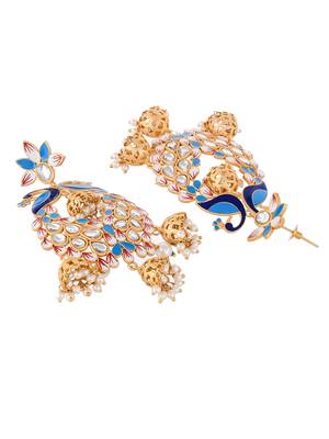 Gold plated traditional blue minakari kundan & pearls jhumka earrings 4