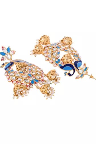 Gold plated traditional blue minakari kundan & pearls jhumka earrings