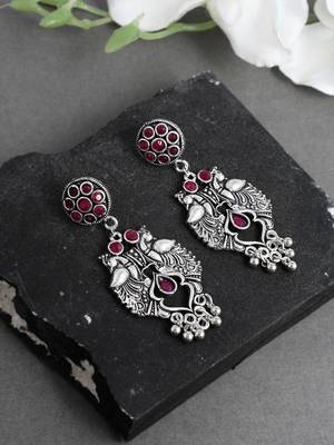 Oxidized silver plated kundan studded  chandbali earrings for women 1