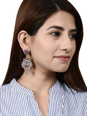 Oxidized silver plated kundan studded  chandbali earrings for women 2