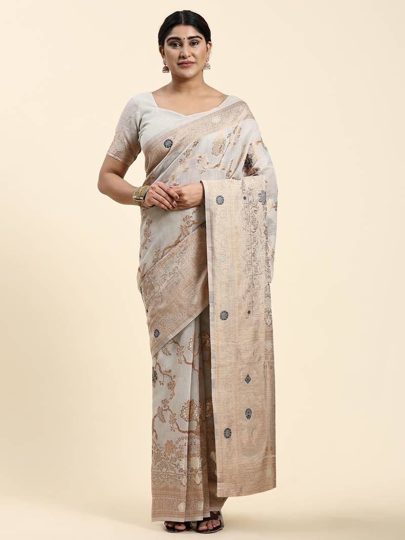 Just Fashion  Linen And  Zari Work Sarees With Blouse Attached