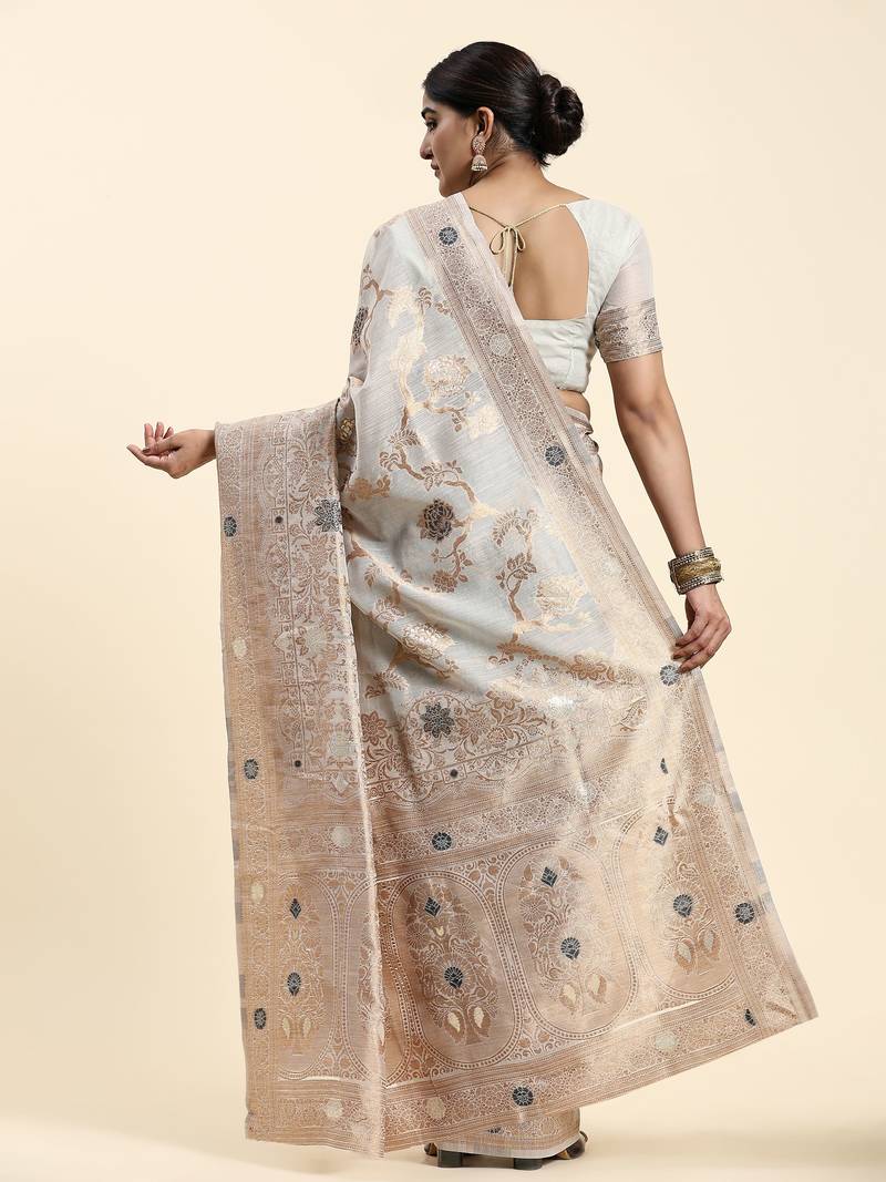 Just Fashion  Linen And  Zari Work Sarees With Blouse Attached