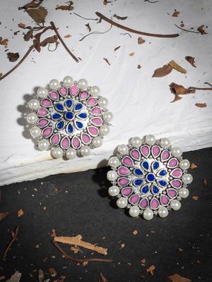 Indian ethnic pink & blue kundan & pearl stud earring for women 1