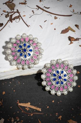 Indian ethnic pink & blue kundan & pearl stud earring for women