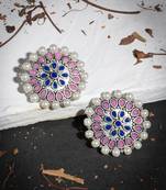 Indian ethnic pink & blue kundan & pearl stud earring for women