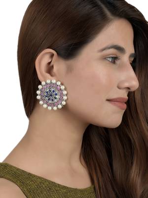 Indian ethnic pink & blue kundan & pearl stud earring for women 2