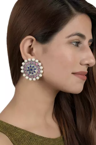 Indian ethnic pink & blue kundan & pearl stud earring for women