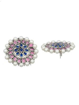 Indian ethnic pink & blue kundan & pearl stud earring for women 3