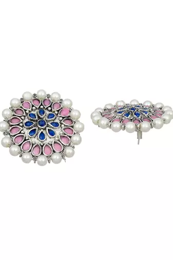 Indian ethnic pink & blue kundan & pearl stud earring for women