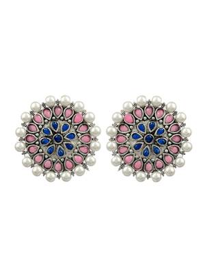 Indian ethnic pink & blue kundan & pearl stud earring for women 4