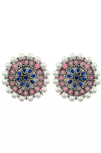 Indian ethnic pink & blue kundan & pearl stud earring for women