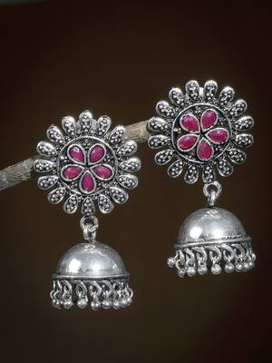 Traditional oxidised pink silver tone jhumak earrings for women 1