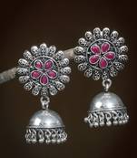 Traditional oxidised pink silver tone jhumak earrings for women