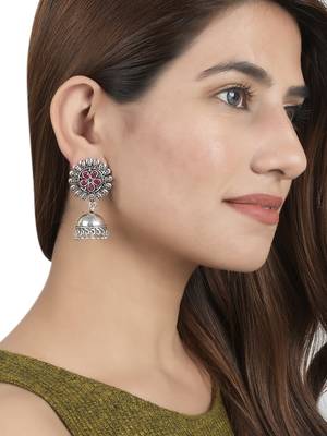 Traditional oxidised pink silver tone jhumak earrings for women 2
