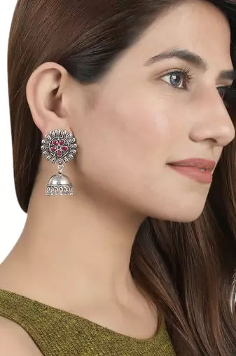 Traditional oxidised pink silver tone jhumak earrings for women