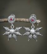 Floral oxidised silver plated trendy pink stone drop earring