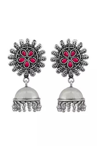 Traditional oxidised pink silver tone jhumak earrings for women