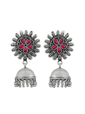 Traditional oxidised pink silver tone jhumak earrings for women 4