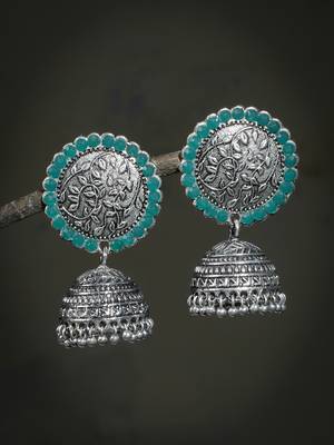 Oxidised silver plated green stone jhumka earring 1