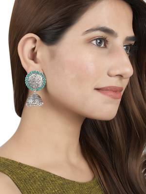Oxidised silver plated green stone jhumka earring 2