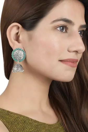Oxidised silver plated green stone jhumka earring