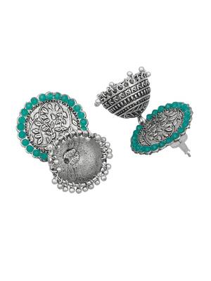 Oxidised silver plated green stone jhumka earring 3