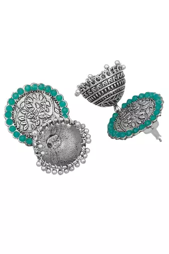 Oxidised silver plated green stone jhumka earring