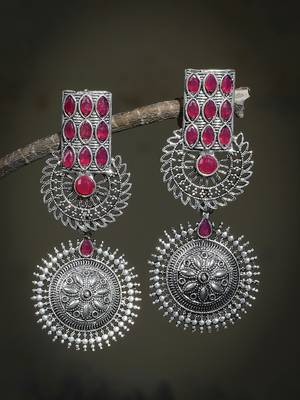 oxidised silver plated pink stone drop earring 1