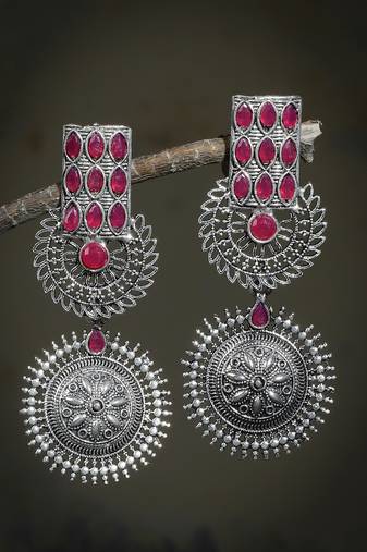oxidised silver plated pink stone drop earring