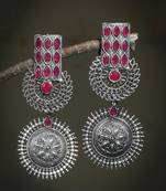 oxidised silver plated pink stone drop earring