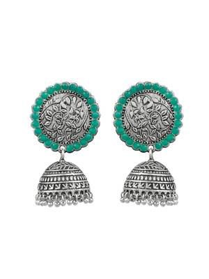 Oxidised silver plated green stone jhumka earring 4
