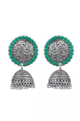 Oxidised silver plated green stone jhumka earring