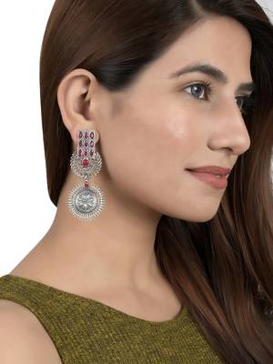 oxidised silver plated pink stone drop earring 2