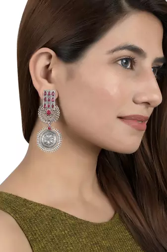 oxidised silver plated pink stone drop earring