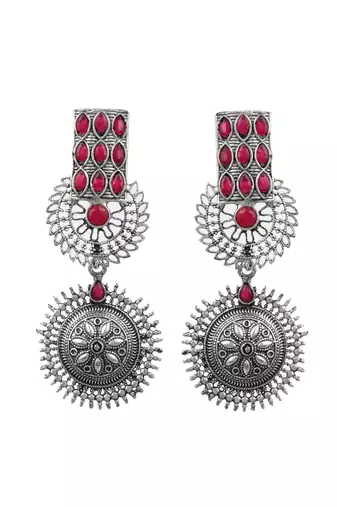 oxidised silver plated pink stone drop earring